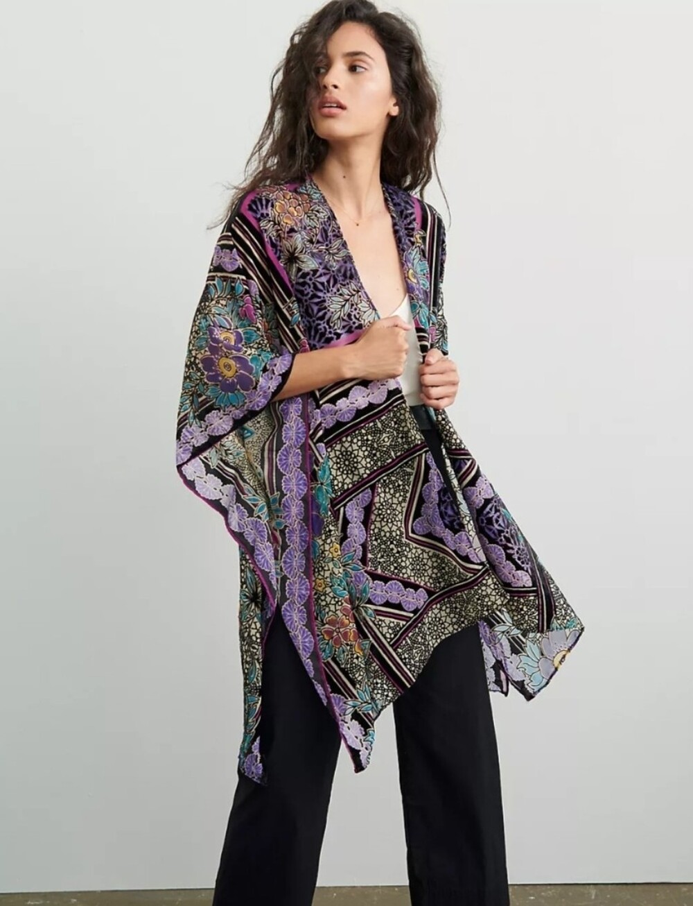 Anthropologie Shira Boho Velvet Burnout Floral Kimono Shawl Cardigan Wrap OS